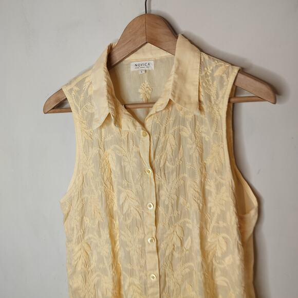 Novica Button Up Shirt Floral Embroidered Cotton Sleeveless - Picture 6 of 11